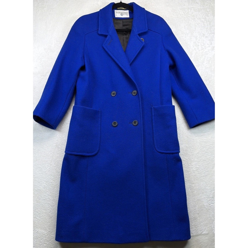Vintage Womens Royal Blue Pure Wool Long Coat Double Breasted Tailored Size S